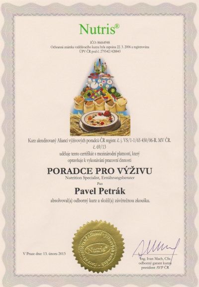Certifikát poradcu pre výživu Pavel Petrák