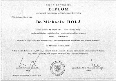 Magisterský diplom z rehabilitácie Michaeli Duškové